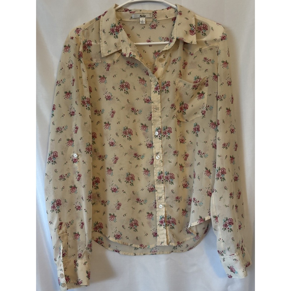 Papaya Sheer Floral Button Up Blouse Roll Tab Sleeve Dainty Coquette Western L
